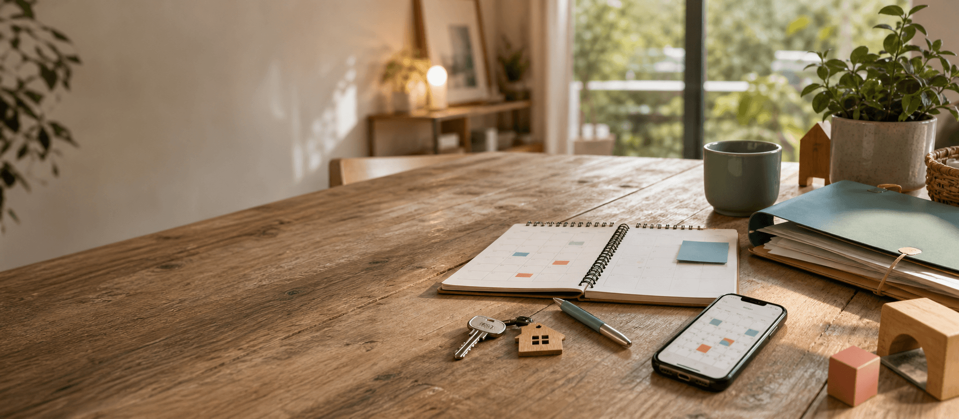 Tavolo con calendario, chiavi e documenti per coordinare ciò che si condivide